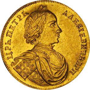 золотая монета  двойной червонец Петра Великого, аверс