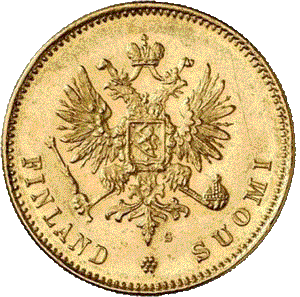 золотая монета 20 марок Александр второй, реверс
