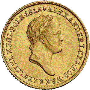золотая монета 25 злотых Александр первый , реверс