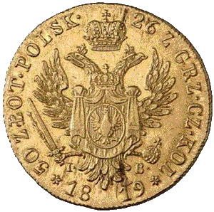 золотая монета 50 злотых Александр первый, аверс